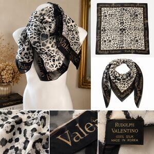 Vintage Rudolph Valentino Silk Leopard Print Scarf 1980s Black Gold Border 35x35